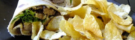 Picture of cheese steak wrap with kettle chips